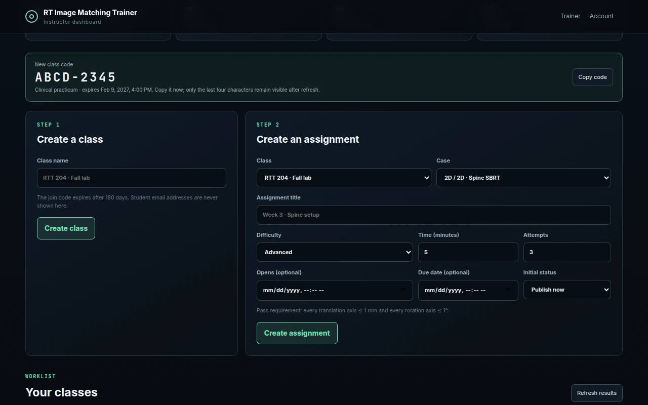 Instructor dashboard with a new one-time class code and the create-a-class and create-an-assignment steps