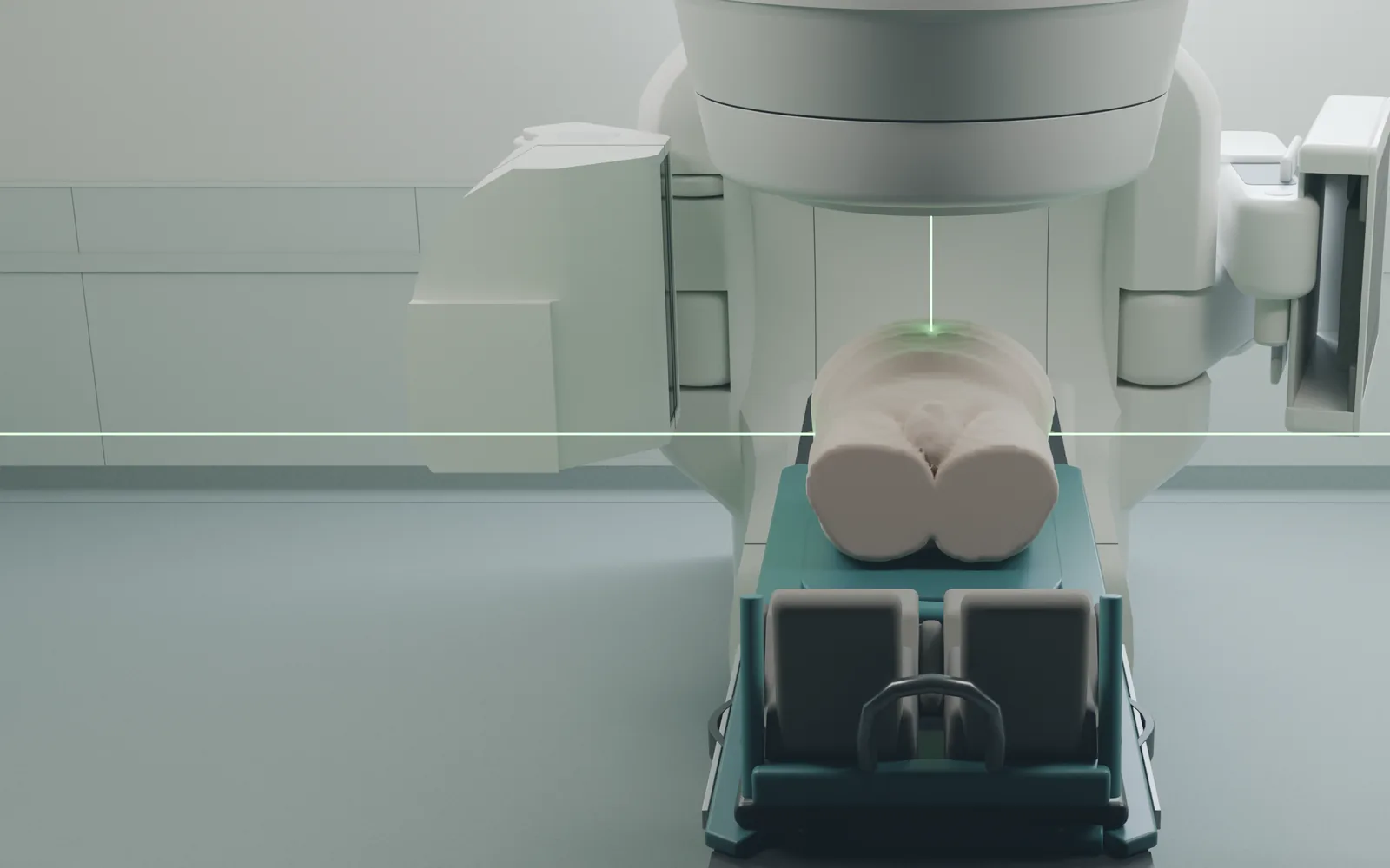 The trainer's treatment room, rendered from its 3D models and lit, seen from the foot of the couch: the linac over the patient's pelvis, with the green room lasers crossing at isocentre