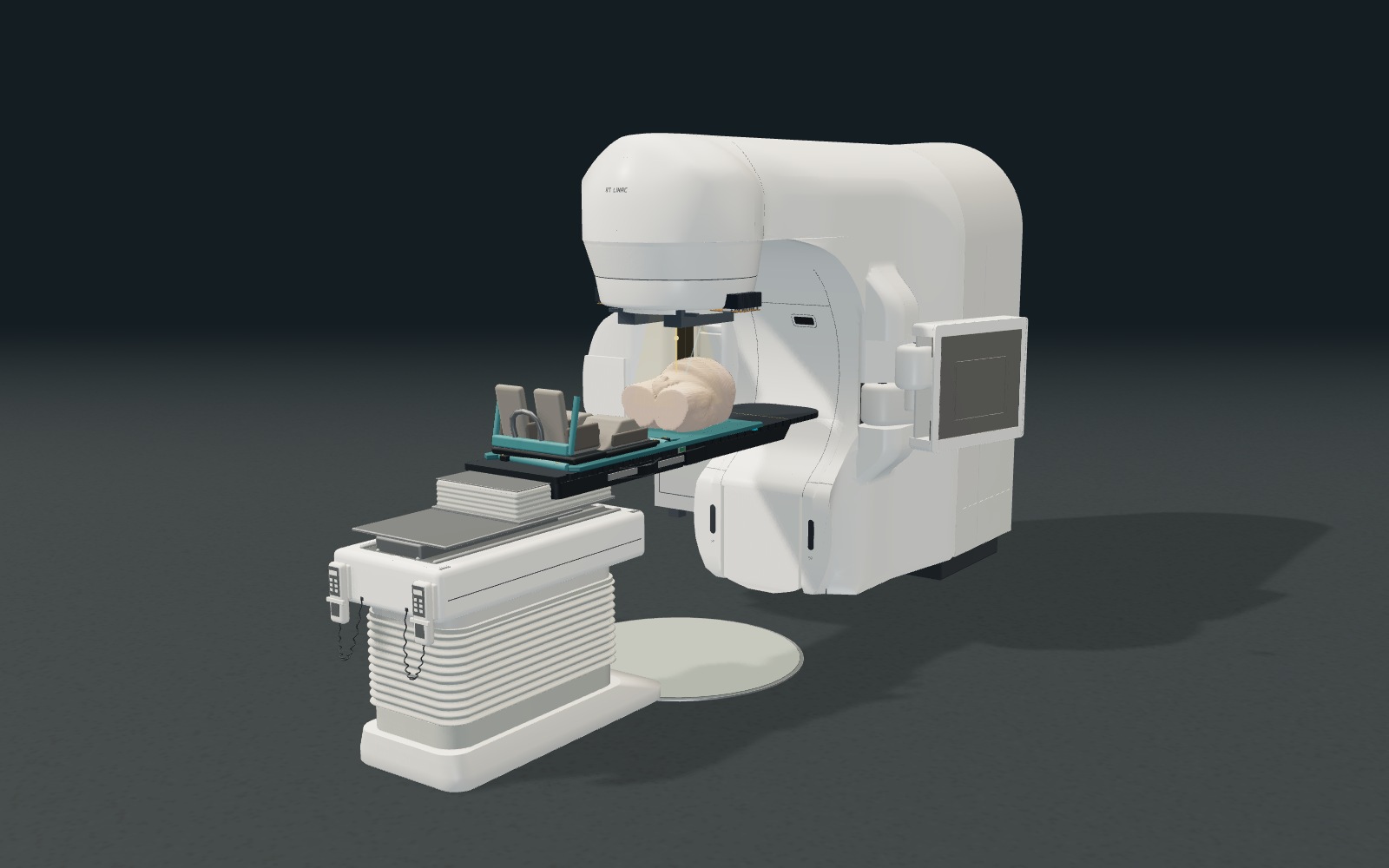 Current 3D trainer linac and couch under presentation lighting