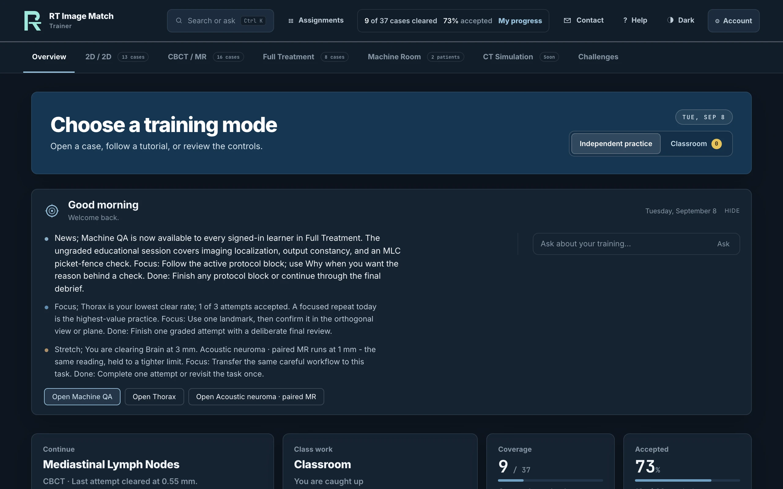 Trainer start screen with practice modes, training progress, and a resume-practice action